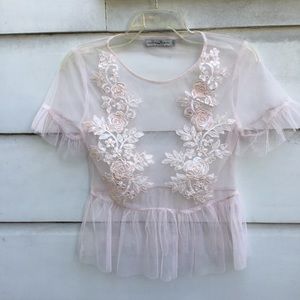Sheer pink Lucy Wang mesh top with satin & pearls